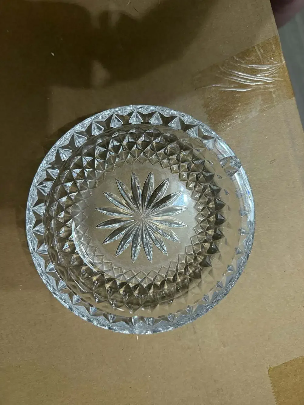 Pressed Glass Multi-Purpose Dish with Diamond Cut Pattern and Starburst Center